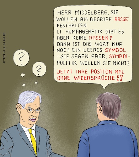 Cartoon: Rasse in Artikel 3 Grundgesetz (medium) by Barthold tagged artikel,grundgesetz,diskussion,debatte,rasse,streichung,ersatz,nonsensewort,stand,wissenschaft,humangenetik,ethnische,herkunft,andrea,lindholz,csu,mathias,middelberg,cdu,journalist,interview,karikatur,barthold,artikel,grundgesetz,diskussion,debatte,rasse,streichung,ersatz,nonsensewort,stand,wissenschaft,humangenetik,ethnische,herkunft,andrea,lindholz,csu,mathias,middelberg,cdu,journalist,interview,karikatur,barthold