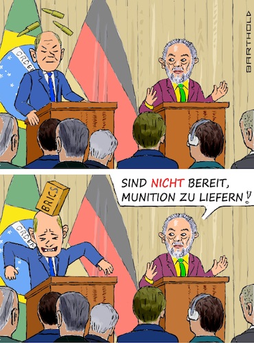 Cartoon: Scholz in Brasilia (medium) by Barthold tagged treffen,lula,da,silva,olaf,scholz,brasilia,ablehnung,lieferung,gepard,munition,pressekonferenz,träumen,böses,erwachen,ziegelstein,brick,bric,schmerz,kopf,cartoon,karikatur,barthold,treffen,lula,da,silva,olaf,scholz,brasilia,ablehnung,lieferung,gepard,munition,pressekonferenz,träumen,böses,erwachen,ziegelstein,brick,bric,schmerz,kopf,cartoon,karikatur,barthold