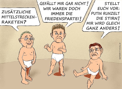 Cartoon: SPD-Angststarre (medium) by Barthold tagged spd,pazifisten,ablehnung,skepsis,stationierung,marschflugkörper,mittelstreckenraketen,zweck,rüstungsgleichstand,abschreckung,russische,systeme,kaliningrad,walter,borjans,rolf,mützenich,ralf,stegner,babys,windeln,hosen,voll,cartoon,karikatur,barthold,spd,pazifisten,ablehnung,skepsis,stationierung,marschflugkörper,mittelstreckenraketen,zweck,rüstungsgleichstand,abschreckung,russische,systeme,kaliningrad,walter,borjans,rolf,mützenich,ralf,stegner,babys,windeln,hosen,voll,cartoon,karikatur,barthold