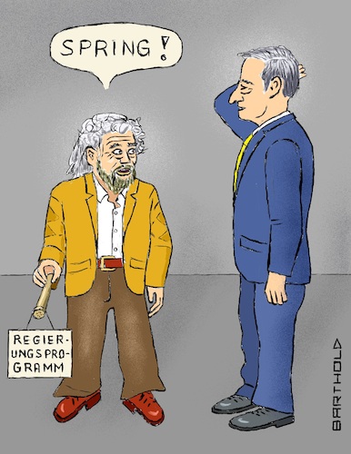 Cartoon: Spring über das Stöckchen! (medium) by Barthold tagged italien,regierungskrise,rücktritt,conte,auftrag,regierungsbildung,mario,draghi,beppe,grillo,fünf,sterne,aussetzung,mitgliederbefragung,regierungsbeteiligung,forderung,veröffentlichung,regierungsprogramm,cartoon,karikatur,barthold,italien,regierungskrise,rücktritt,conte,auftrag,regierungsbildung,mario,draghi,beppe,grillo,fünf,sterne,aussetzung,mitgliederbefragung,regierungsbeteiligung,forderung,veröffentlichung,regierungsprogramm,cartoon,karikatur,barthold