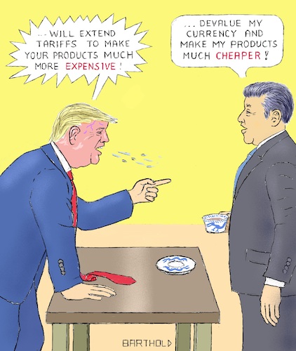 Cartoon: Strength Lies in Peace (medium) by Barthold tagged trade,war,usa,china,trump,xi,jinpeng,punitive,tariffs,devaluation,yuan,tea,cup,calmness,balance,red,excitation,blood,boiling,popping,veins