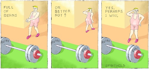 Cartoon: T a Man who Knows what he Wants (medium) by Barthold tagged trump,kim,jong,un,meeting,june,12,2018,singapore,indecisive,behavior,weightlifter,sport,arena,barbell,squat,suit