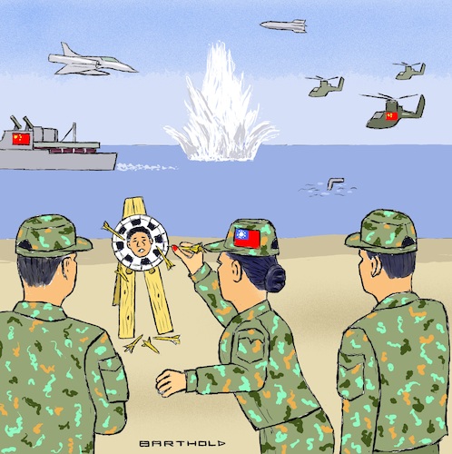 Cartoon: Taiwans Antwort (medium) by Barthold tagged besuch,nancy,pelosi,taiwan,regierungschefin,tsai,ing,wen,reaktion,china,manöver,dicht,küste,wasserbombe,kampfjets,raketen,hubschrauber,conter,dart,pfeile,scheibe,abreaktion,soldaten,offiziere,cartoon,karikatur,barthold,besuch,nancy,pelosi,taiwan,regierungschefin,tsai,ing,wen,reaktion,china,manöver,dicht,küste,wasserbombe,kampfjets,raketen,hubschrauber,conter,dart,pfeile,scheibe,abreaktion,soldaten,offiziere,cartoon,karikatur,barthold