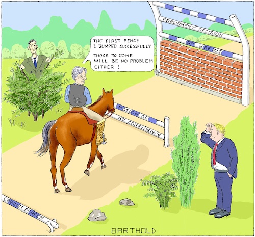 Cartoon: Theresa May s Steeplechase (medium) by Barthold tagged theresa,may,united,kingdom,prime,minister,cabinet,agreement,motion,no,confidence,parliament,decision,brexit,draft,rider,horse,fence,hurdle,obstacle,steeplechase,steeplechasing,boris,johnson,jacob,rees,mogg,bush,shrub