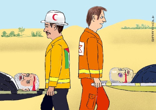 Cartoon: Transportation of the Casualties (medium) by Barthold tagged conflict,gaza,may,2021,rocket,assaults,israel,air,strikes,palestine,benjamin,netanyahu,ismail,haniyya,haniyeh,strecher,paramedics,transportation,injured,cartoon,caricature,barthold,conflict,gaza,may,2021,rocket,assaults,israel,air,strikes,palestine,benjamin,netanyahu,ismail,haniyya,haniyeh,strecher,paramedics,transportation,injured,cartoon,caricature,barthold