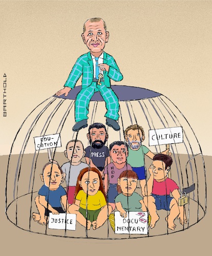 Cartoon: Turkey Presid. Election 2023 (medium) by Barthold tagged mir,ali,cocer,osman,kavala,hakan,atinay,selahattin,demirtas,mine,özerden,presidential,election,recep,tayyip,erdogan,cage,political,prisoners,sitting,ground,key,hand,president,cartoon,caricature,barthold,mir,ali,cocer,osman,kavala,hakan,atinay,selahattin,demirtas,mine,özerden,recep,tayyip,erdogan,cage,political,prisoners,sitting,ground,key,hand,president,cartoon,caricature,barthold