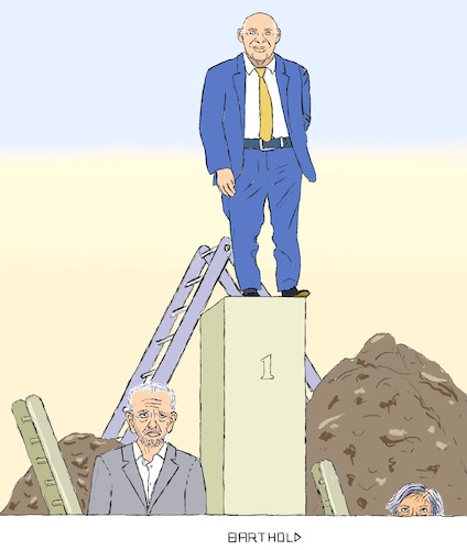 Cartoon: UK Local Elections 2019 (medium) by Barthold tagged local,elections,great,britain,2019,jeremy,corbyn,theresa,may,vince,cable,liberal,democrats,tories,labour,winners,podium,heap,earth,pit,ladder,stepladder