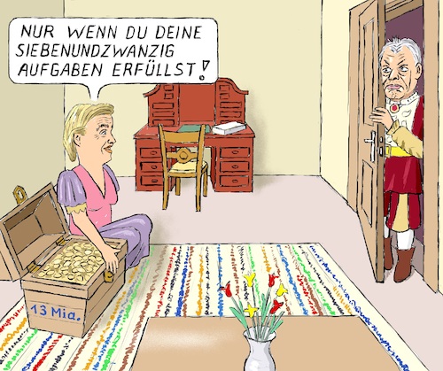 Cartoon: Umgang m. verwöhntem Prinzen (medium) by Barthold tagged viktor,orban,ministerpräsident,ungarn,ursula,leyen,kommissionspräsidentin,eu,anwendung,rechtstaatlichkeitsklausel,rechtsstaatsmechanismus,zurückhaltung,finanzmittel,coronahilfsfonds,fördergelder,zusammen,dreizehn,milliarden,märchensituation,bedingungen,wunscherfüllung,cartoon,karikatur,barthold,viktor,orban,ministerpräsident,ungarn,ursula,leyen,kommissionspräsidentin,eu,anwendung,rechtstaatlichkeitsklausel,rechtsstaatsmechanismus,zurückhaltung,finanzmittel,coronahilfsfonds,fördergelder,zusammen,dreizehn,milliarden,märchensituation,bedingungen,wunscherfüllung,cartoon,karikatur,barthold