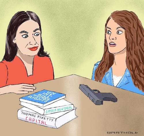 Cartoon: Variety betw. Young Represent. (medium) by Barthold tagged alexandria,ocasio,cortez,aoc,juxtaposition,democratic,lauren,boebert,republican,colorado,representatives,books,jeremy,rifkin,thomas,piketty,glock,pistol,cartoon,caricature,barthold,alexandria,ocasio,cortez,democratic,lauren,boebert,republican,colorado,representatives,books,jeremy,rifkin,thomas,piketty,glock,pistol,cartoon,caricature,barthold