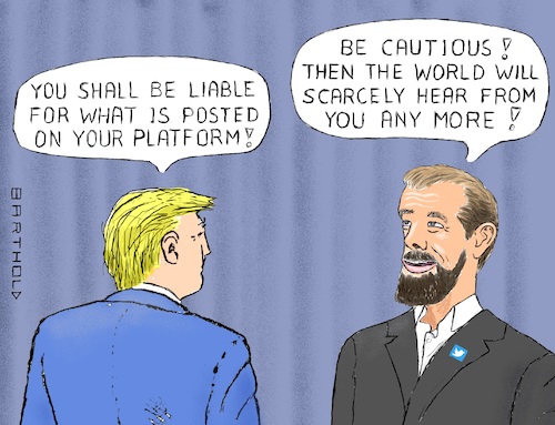 Cartoon: Verb. Exch. betw. Donald a. Jack (medium) by Barthold tagged donald,trump,president,united,states,america,jack,dorsey,ceo,controversy,twitter,tweet,fact,check,label,link,rectification,threats,logo,bird,social,media,platform,editorial,responsibility,fake,news,censoring,censorship,caricature,barthold,donald,trump,president,united,states,america,jack,dorsey,ceo,controversy,twitter,tweet,fact,check,label,link,rectification,threats,logo,bird,social,media,platform,editorial,responsibility,fake,news,censoring,censorship,caricature,barthold