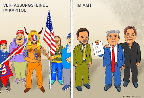 Cartoon: Verfassungsfeinde (medium) by Barthold tagged usa,kapitolstürmer,2021,regierungsmitglieder,2025,james,donald,vance,trump,elon,musk,chef,doge,cartoon,karikatur,barthold,usa,kapitolstürmer,2021,regierungsmitglieder,2025,james,donald,vance,trump,elon,musk,chef,doge,cartoon,karikatur,barthold