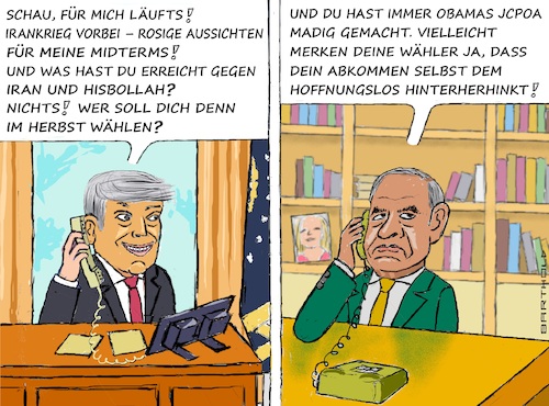 Cartoon: Verschiedene Sichten (medium) by Barthold tagged usa,iran,krieg,absichtserklärung,friedensabkommen,trump,will,kriegsende,netanjahu,für,fortsetzung,elimination,hisbollah,fiktiver,dialog,telefonat,donald,hämisch,bibi,zweifel,an,übereinkunft,jcpoa,soviel,wie,wiener,abkommen,2015,cartoon,karikatur,barthold,usa,iran,krieg,absichtserklärung,friedensabkommen,trump,will,kriegsende,netanjahu,für,fortsetzung,elimination,hisbollah,fiktiver,dialog,telefonat,donald,hämisch,bibi,zweifel,an,übereinkunft,cartoon,karikatur,barthold