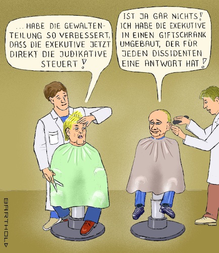 Cartoon: Wettstreit Demokratieverbesserng (medium) by Barthold tagged donald,trump,besetzung,richterstellen,supreme,court,konservatives,übergewicht,mehrheit,wladimir,putin,regimegegner,dissidenten,giftanschläge,szene,diktator,charlie,chaplin,hitler,mussolini,sitzhöhe,friseur,wettstreit,cartoon,karikatur,barthold,donald,trump,besetzung,richterstellen,supreme,court,konservatives,übergewicht,mehrheit,wladimir,putin,regimegegner,dissidenten,giftanschläge,szene,diktator,charlie,chaplin,hitler,mussolini,sitzhöhe,friseur,wettstreit,cartoon,karikatur,barthold