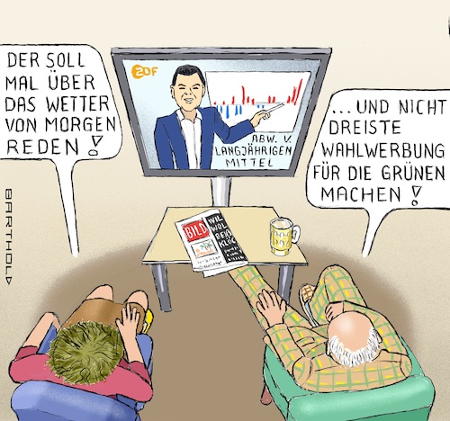 Cartoon: ZDF wirbt für die GRÜNEN (medium) by Barthold tagged bildzeitung,herausgeber,kai,diekmann,özden,terli,meteorologe,zdf,aussagen,temperatur,langzeitentwicklung,kritik,vorwurf,wahlwerbung,grünen,cartoon,karikatur,barthold,bildzeitung,herausgeber,kai,diekmann,özden,terli,meteorologe,zdf,aussagen,temperatur,langzeitentwicklung,kritik,vorwurf,wahlwerbung,grünen,cartoon,karikatur,barthold