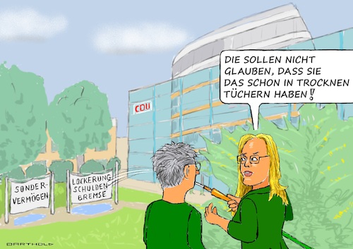 Cartoon: Zum Zurücklehnen zu früh! (medium) by Barthold tagged vorhaben,zwei,sondervermögen,lockerung,schuldenbremse,kommissarische,regierung,grüne,forderung,entgegenkommen,bedingungen,britta,haßelmann,katharina,dröge,laken,beschriftet,spritzen,gartenschlauch,konrad,adenauer,haus,trockene,tücher,cartoon,karikatur,barthold,vorhaben,zwei,sondervermögen,lockerung,schuldenbremse,kommissarische,regierung,grüne,forderung,entgegenkommen,bedingungen,britta,haßelmann,katharina,dröge,laken,beschriftet,spritzen,gartenschlauch,konrad,adenauer,haus,trockene,tücher,cartoon,karikatur,barthold