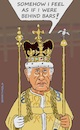 Cartoon: Coronation Charles III (small) by Barthold tagged king,charles,iii,third,england,coronation,holding,two,sceptres,resemblance,bars,prison,jail,pressure,straitjacket,royal,duties,cartoon,caricature,barthold
