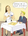 Cartoon: Supreme Court Restaurant (small) by Barthold tagged ken,paxton,texas,lawsuit,supreme,court,election,result,swing,states,claim,illegal,proceeding,georgia,pennsylvania,michigan,wisconsin,donald,trump,amy,coney,barrett,justice,waitress,restaurant,coup,etat,cartoon,caricature,barthold