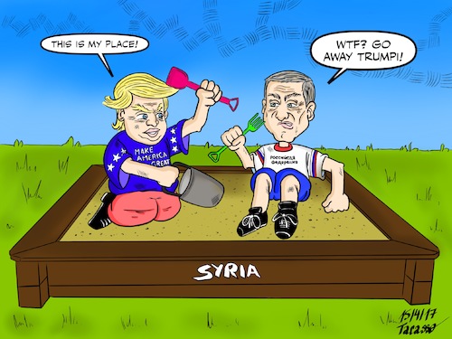 Cartoon: Trump_vs_Putin (medium) by Tacasso tagged donald,trump,wladimir,putin,usa,russland,amerika,vereinigte,staaten,russia,america,politics,politik,syrien,krieg,syria,war,conflict,konflikt,bashar,al,assad