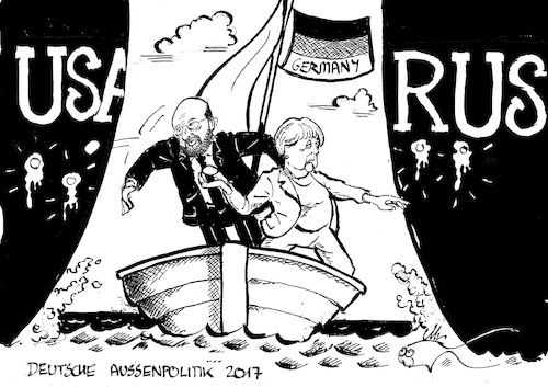 Cartoon: Deutsche Außenpolitik (medium) by Michael Riedler tagged außenpolitik,deutschland,usa,russland,trump,putin,merkel,schulz