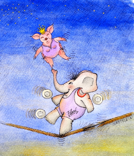 Cartoon: tollkühne artisten (medium) by katzen-gretelein tagged elefant,schwein,zirkus,artisten,unglück,mut