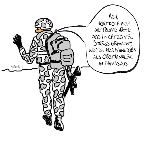 Cartoon: Aufgeflogener Bundeswehroffizier (medium) by stefanmschmidt tagged bundeswehroffizier,asylant,obst,verkäufer,terror