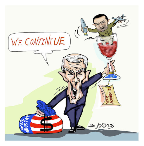 Cartoon: business continues (medium) by vasilis dagres tagged ukraine,biden,zelesky,war,economy