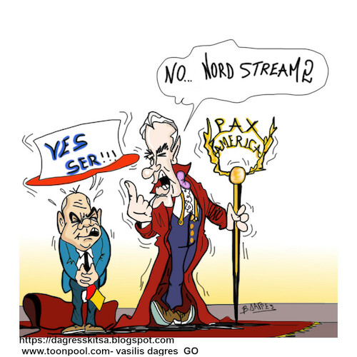 Cartoon: Soltz and Biden (medium) by vasilis dagres tagged international,germany,america,energy