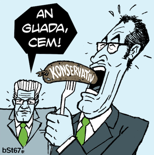 Cartoon: Die Enttäuschung (medium) by bSt67 tagged grüne,badenwürttemberg,wahl,2026,cem,özdemir,klassenverräter,konservativ,werte,sondierungsgespräche,winfried,kretschmann,partei,koalition,politik,schwäbisch