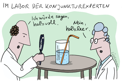 Cartoon: Im Labor der Konjunkturexperten (medium) by Lüdemann tagged auswirkungen,eu,europa,usa,euro,brexit,abkühlung,handelskrieg,handelsstreit,deutschland,wirtschaft,konjunktur,prognose,korrektur,abschwächung,boom,ende,experten,konjunkturexperten,konjunkturinstitut,halbvoll,halbleer,optimismus,optimistisch,pessimismus,pessimistisch,labor,wirtschaftsforschungsinstitut,wirtschaftsinstitut,institut,anstalt,glas,einschätzung,diw,ifo,ifw,iwh,rwi,weltwirtschaft,wirtschaftsforschung,auswirkungen,eu,europa,usa,euro,brexit,abkühlung,handelskrieg,handelsstreit,deutschland,wirtschaft,konjunktur,prognose,korrektur,abschwächung,boom,ende,experten,konjunkturexperten,konjunkturinstitut,halbvoll,halbleer,optimismus,optimistisch,pessimismus,pessimistisch,labor,wirtschaftsforschungsinstitut,wirtschaftsinstitut,institut,anstalt,glas,einschätzung,diw,ifo,ifw,iwh,rwi,weltwirtschaft,wirtschaftsforschung