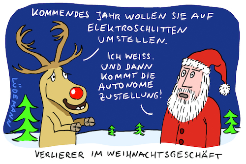 Cartoon: Verlierer im Weihnachtsgeschäft (medium) by Lüdemann tagged weihnachten,rudolf,rudi,reindeer,rote,nase,red,nosed,weihnachtsmann,schlitten,elektroschlitten,escooter,scooter,pakete,geschenke,autonome,zustellung,verlierer,weihnachtsgeschäft,verteilung,post,kep,dhl,gls,deutsche,dpd,ups,hermes,roboter,digitalisierung,christentum,weihnachten,rudolf,rudi,reindeer,rote,nase,red,nosed,weihnachtsmann,schlitten,elektroschlitten,escooter,scooter,pakete,geschenke,autonome,zustellung,verlierer,weihnachtsgeschäft,verteilung,post,kep,dhl,gls,deutsche,dpd,ups,hermes,roboter,digitalisierung,christentum