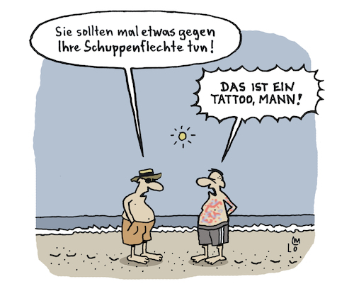 Cartoon: Am Strand (medium) by Lo Graf von Blickensdorf tagged tattoo,strand,psoriasis,schuppenflächte,hautkrankheit,tätowiert,mann,männer,meer,urlaub,ferien,badehose,karikatur,lo,graf,cartoon,sonne,wellen,tattoo,strand,psoriasis,schuppenflächte,hautkrankheit,tätowiert,mann,männer,meer,urlaub,ferien,badehose,karikatur,lo,graf,cartoon,sonne,wellen