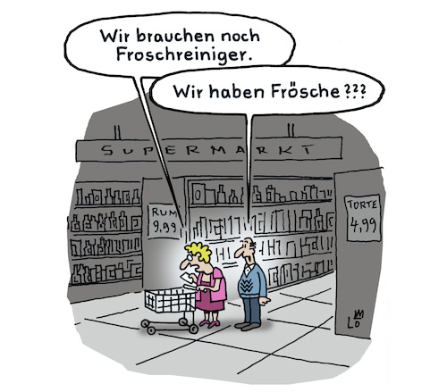 Cartoon: Beim Einkauf (medium) by Lo Graf von Blickensdorf tagged supermarkt,discounter,bio,öko,reiniger,lidl,aldi,frosch,pflanzlich,abbaubar,hygiene,ehemann,ehefrau,einkaufswagen,einkaufszettel,putzmittel,froschreiniger,karikatur,lo,cartoon,supermarkt,discounter,bio,öko,reiniger,lidl,aldi,frosch,pflanzlich,abbaubar,hygiene,ehemann,ehefrau,einkaufswagen,einkaufszettel,putzmittel,froschreiniger,karikatur,lo,cartoon