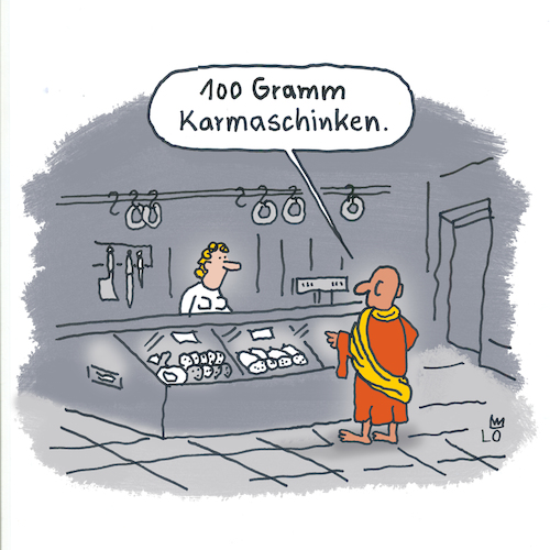 Cartoon: Einkaufen (medium) by Lo Graf von Blickensdorf tagged fleischerei,metzgerei,karma,buddhismus,meditation,buddhist,mönch,schinken,buddha,frau,verkäuferin,karikatur,religion,fleischerei,metzgerei,karma,buddhismus,meditation,buddhist,mönch,schinken,buddha,frau,verkäuferin,karikatur,religion