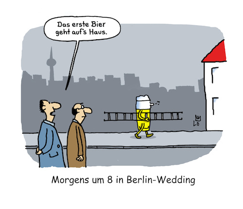 Cartoon: Erstes Bier (medium) by Lo Graf von Blickensdorf tagged bier,kneipe,wedding,wortspiel,eckkneipe,freibier,karikatur,lo,graf,cartoon,leiter,bierglas,morgens,um,acht,vierundzwanzig,stunden,pils,alkohol,bier,kneipe,wedding,wortspiel,eckkneipe,freibier,karikatur,lo,graf,cartoon,leiter,bierglas,morgens,um,acht,vierundzwanzig,stunden,pils,alkohol