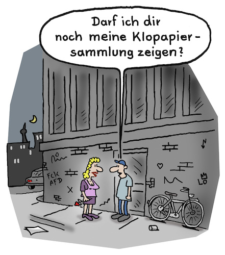 Cartoon: Flirt (medium) by Lo Graf von Blickensdorf tagged flirt,rendezvous,klopapier,sammlung,toilettenpapier,hamsterkauf,corona,corvid19,virus,pandemie,quarantäne,karikatur,lo,cartoon,mann,frau,tinder,verabredung,liebe,anmache,anbaggern,junggeselle,single,flirt,rendezvous,klopapier,sammlung,toilettenpapier,hamsterkauf,corona,corvid19,virus,pandemie,quarantäne,karikatur,lo,cartoon,mann,frau,tinder,verabredung,liebe,sex,anmache,anbaggern,junggeselle,single