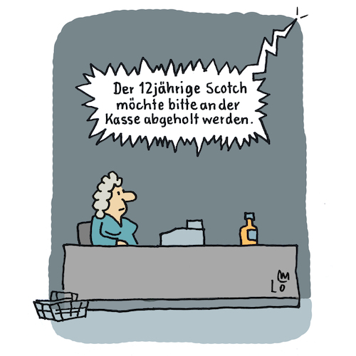 Cartoon: Fundsache (medium) by Lo Graf von Blickensdorf tagged whiskey,scotch,alkohol,whisky,schottland,aldi,lidl,discounter,supermarkt,karikatur,lo,graf,cartoon,warenband,kasse,kassiererin,12jähriger,fundsache,vermisst,verloren,flasche,lautsprecherdurchsage,whiskey,scotch,alkohol,whisky,schottland,aldi,lidl,discounter,supermarkt,karikatur,lo,graf,cartoon,warenband,kasse,kassiererin,12jähriger,fundsache,vermisst,verloren,flasche,lautsprecherdurchsage