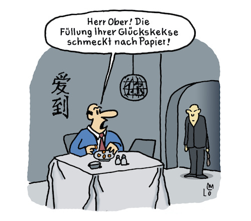 Cartoon: Glückskeks (medium) by Lo Graf von Blickensdorf tagged glückskeks,chinarestaurant,china,glück,essen,restaurabt,kellner,ober,karikatur,lo,graf,cartoon,reklamation,beschwerde,küche,politik,olaf,scholz,glückskeks,chinarestaurant,china,glück,essen,restaurabt,kellner,ober,karikatur,lo,graf,cartoon,reklamation,beschwerde,küche,politik,olaf,scholz