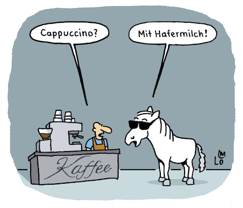 Cartoon: Hafermilch (medium) by Lo Graf von Blickensdorf tagged pferd,cappuccino,hafer,hafermilch,tierfutter,karikatur,lo,graf,cartoon,barista,cafe,kaffeemaschine,kaffee,schimmel,pferd,cappuccino,hafer,hafermilch,tierfutter,karikatur,lo,graf,cartoon,barista,cafe,kaffeemaschine,kaffee,schimmel
