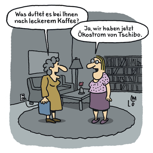 Cartoon: Kaffeezeit (medium) by Lo Graf von Blickensdorf tagged tschibo,kaffeeröster,karikatur,lo,graf,cartoon,kaffeebohnen,shop,öko,ökostrom,nachbarin,kaffee,duft,tschibo,kaffeeröster,karikatur,lo,graf,cartoon,kaffeebohnen,shop,öko,ökostrom,nachbarin,kaffee,duft