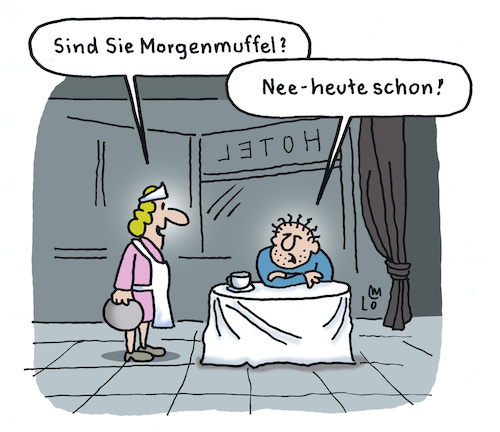 Cartoon: Morgenmuffel (medium) by Lo Graf von Blickensdorf tagged frühstück,morgens,hotel,muffel,morgenmuffel,karikatur,lo,graf,cartoon,wortspiel,kaffee,frühstück,morgens,hotel,muffel,morgenmuffel,karikatur,lo,graf,cartoon,wortspiel,kaffee