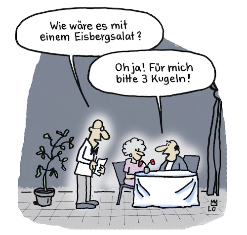 Cartoon: Restaurantbesuch (medium) by Lo Graf von Blickensdorf tagged ober,kellner,gast,empfehlung,restaurant,eisbergsalat,kugel,eis,missverständnis,mann,frau,ehepaar,tisch,speisekarte,karikatur,lo,cartoon,ober,kellner,gast,empfehlung,restaurant,eisbergsalat,kugel,eis,missverständnis,mann,frau,ehepaar,tisch,speisekarte,karikatur,lo,cartoon