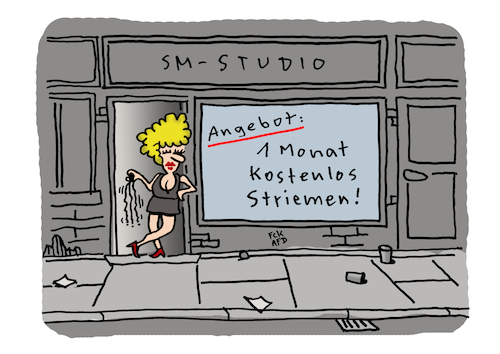 Cartoon: Schnupperkurs (medium) by Lo Graf von Blickensdorf tagged sm,studio,wortspiel,karikatur,lo,graf,cartoon,puff,club,sado,maso,prostitution,prostituierte,striemen,peitsche,streamen,spotify,sadismus,masochismus,rotlichtviertel,werbung,schnupperkurs,sonderangebot,angebot,gratis,kostenlos,reizwäsche,sankt,pauli,sm,studio,wortspiel,karikatur,lo,graf,cartoon,puff,club,sado,maso,prostitution,prostituierte,striemen,peitsche,streamen,spotify,sadismus,masochismus,rotlichtviertel,werbung,schnupperkurs,sonderangebot,angebot,gratis,kostenlos,reizwäsche,sankt,pauli