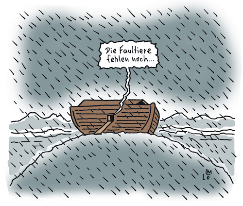 Cartoon: Weltuntergang (medium) by Lo Graf von Blickensdorf tagged arche,noah,faultier,weltende,tiere,apokalypse,überflutung,politik,endzeitstimmung,bibel,schiff,regen,wasser,katastrophe,arche,noah,faultier,weltende,tiere,apokalypse,überflutung,politik,endzeitstimmung,bibel,schiff,regen,wasser,katastrophe