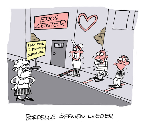 Cartoon: Freude (medium) by Bregenwurst tagged coronavirus,pandemie,abstand,bordell,puff,rotlicht,lockerung