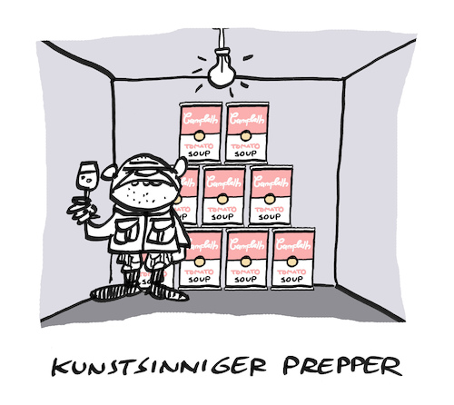 Cartoon: Kellerkunst (medium) by Bregenwurst tagged prepper,warhol,suppe,keller,apokalypse