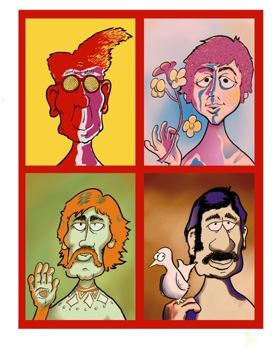 Cartoon: Beatles (medium) by Goodwyn tagged beatles,reagan,john,paul,george,ringo,lennon,mccartney,harrison,starr,bird,flower,psychodelic