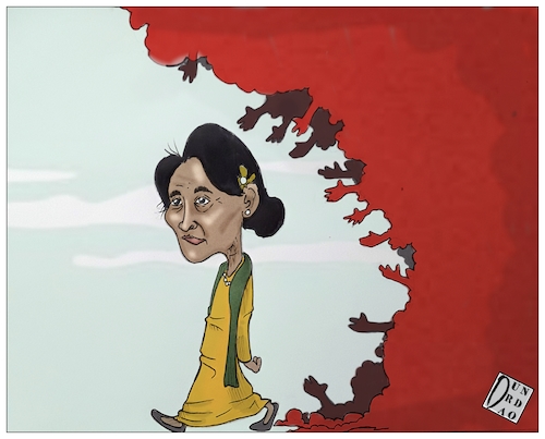 Cartoon: Burma bombs on Rohingya village (medium) by Christi tagged burma,bomb,rohingya,onu,suu,kyi