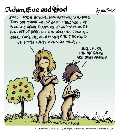 Cartoon: adam eve and god 03 (medium) by mortimer tagged mortimer,mortimeriadas,cartoon,comic,gag,adam,eve,god,bible,paradise,eden,biblical,christian,original,sin,nude,toons,hairy,belly,blonde,gott,paradies,adam,eva,religion,bibel,entstehung,illustration,illustrationen