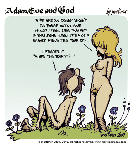 Cartoon: adam eve and god 08 (medium) by mortimer tagged mortimer,mortimeriadas,cartoon,comic,gag,adam,eve,god,bible,paradise,eden,biblical,christian,original,sin,nude,toons,hairy,belly,blonde,illustration,illustrationen,gott,bibel,religion,adam,eva,entstehung,paradies