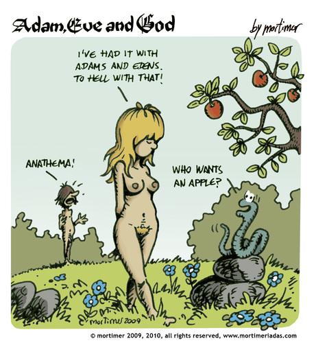 Cartoon: adam eve and god 12 (medium) by mortimer tagged mortimer,mortimeriadas,cartoon,comic,gag,adam,eve,god,bible,paradise,eden,biblical,christian,original,sin,nude,toons,hairy,belly,blonde,snake,apple,illustration,illustrationen,gott,bibel,religion,adam,eva,entstehung,paradies